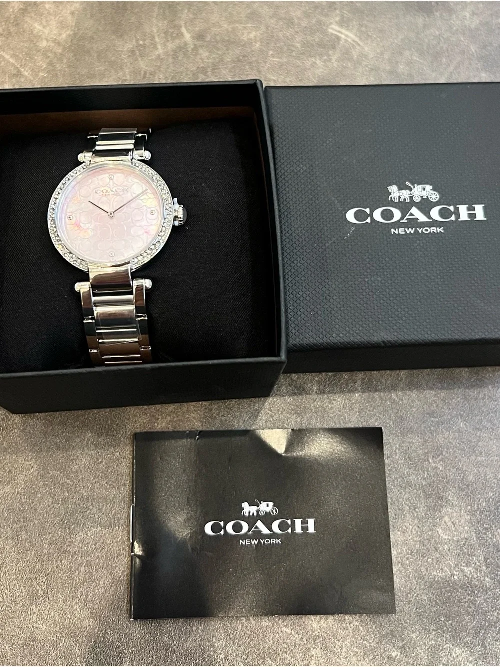 Coach Silver Bracelet Watch with Pale Pink Logo Dial